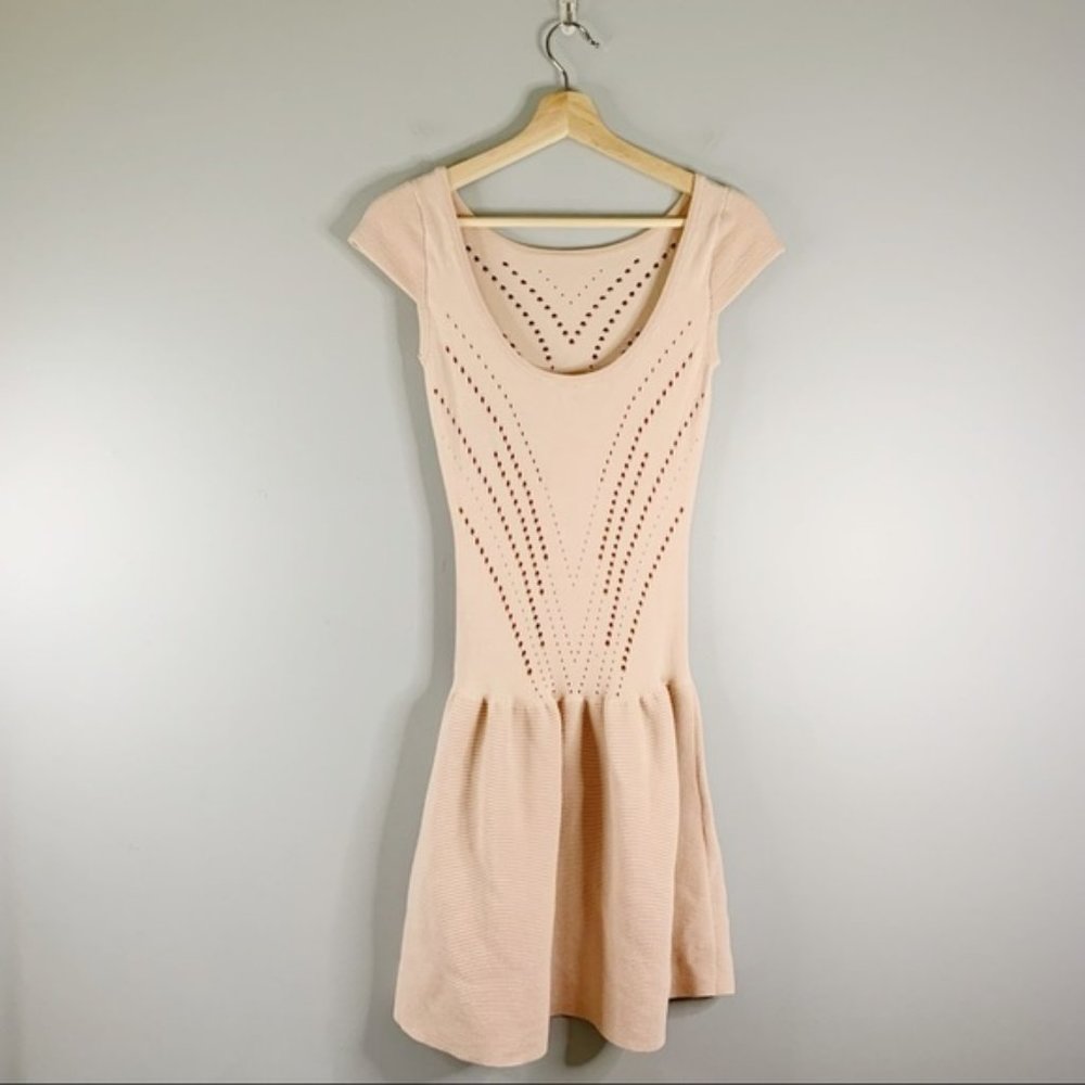 Maje Majeeryne Knit Fitted Lazer Mini Dress Light Pink Flare Ruffle 2 EU 38 M - Picture 3 of 11